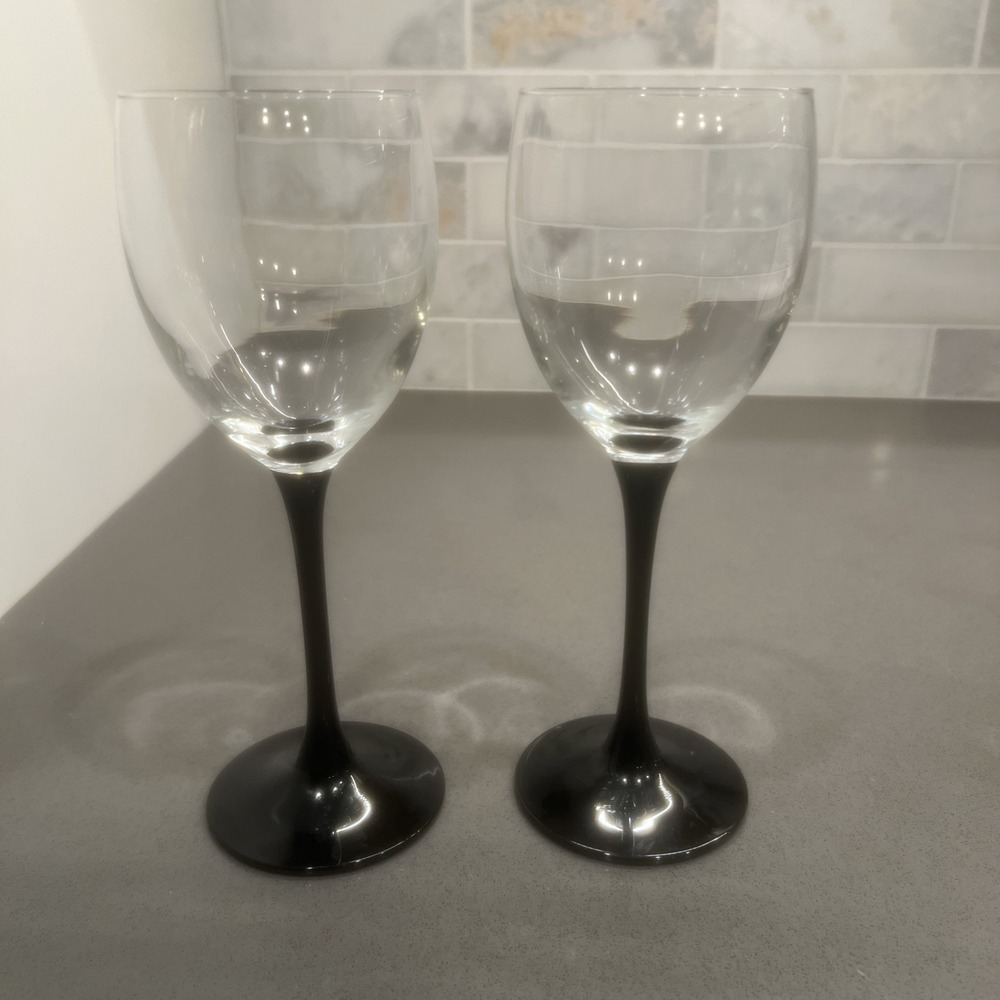 2-Luminarc France Domino Black Stem Clear Bowl Wine Glasses 6oz